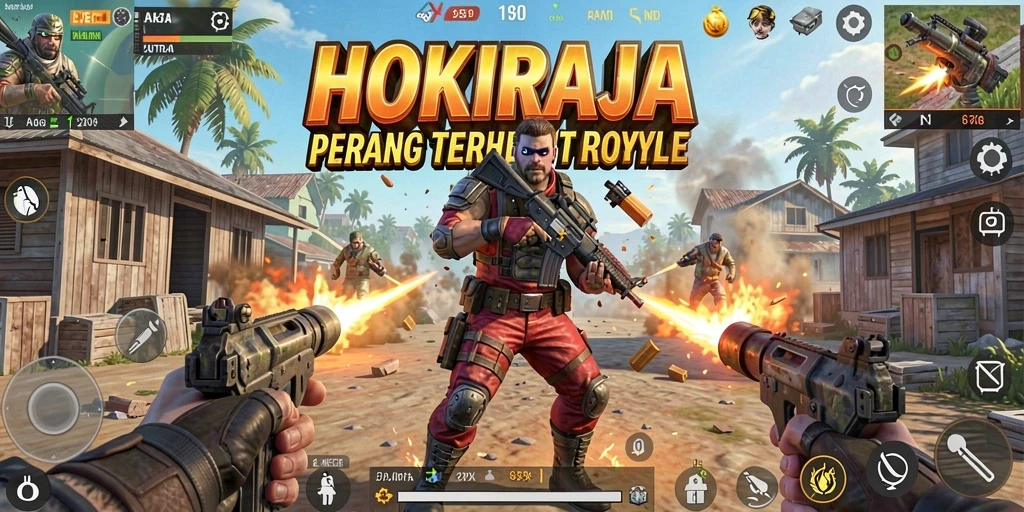 Tampilan aksi seru dalam gameplay HOKIRAJA Battle Royale.