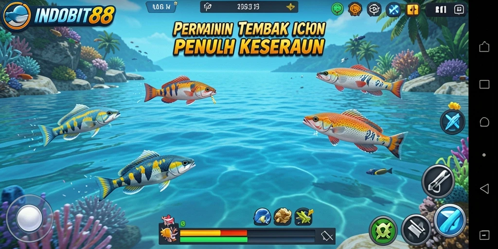 Screenshot gameplay INDOBIT88 menampilkan aksi seru menangkap ikan.