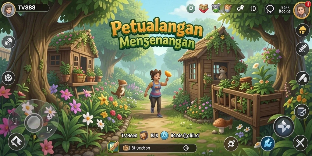 Tampilan gameplay TV888 yang menampilkan kebun yang rimbun.